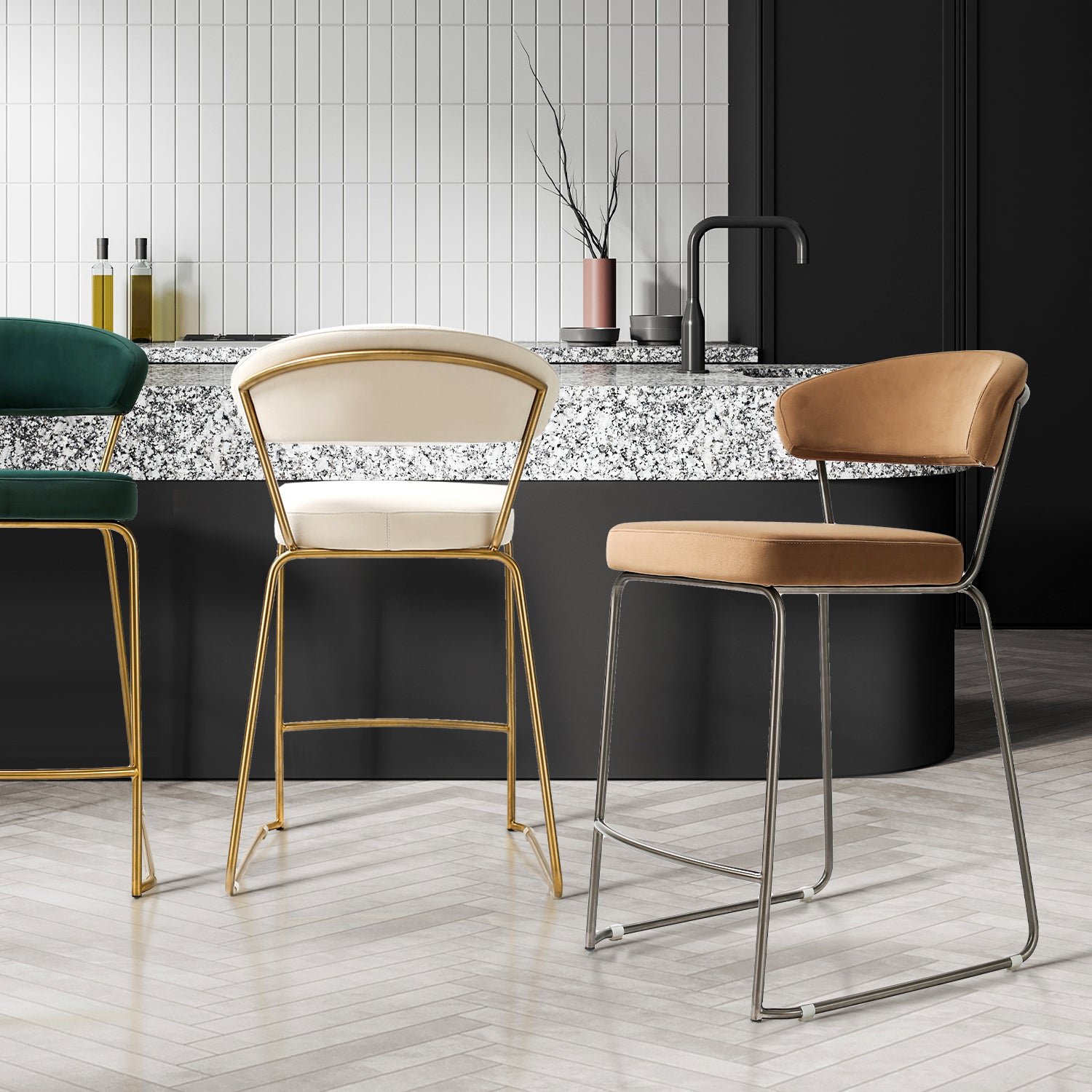 Galore Home Luna Sgabello da Bancone Beige Velluto Set 2 Pezzi