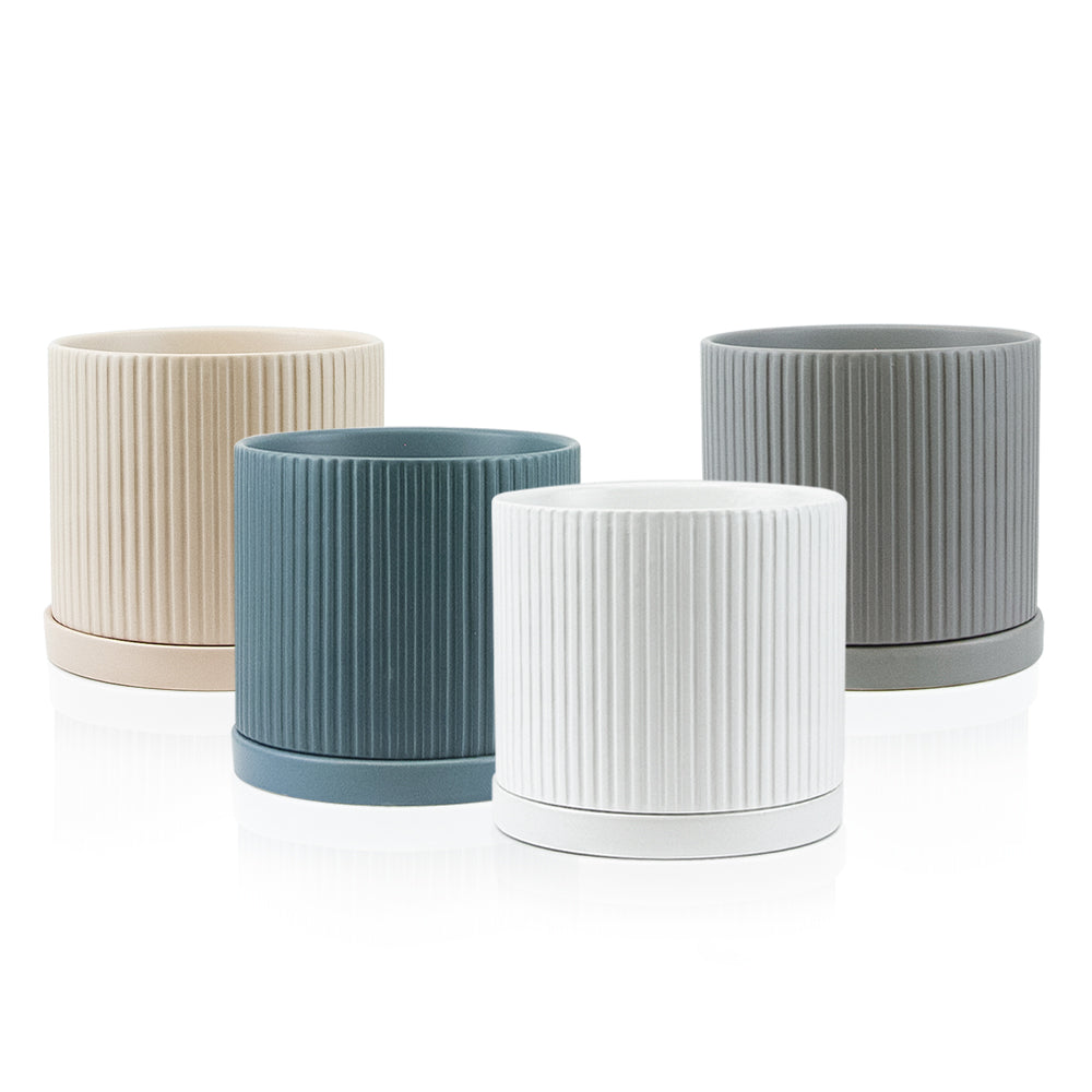 Galore Home Ridged vaso ceramica con sottovaso bianco