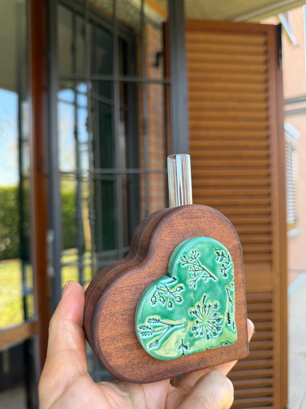 Il nido del picchio cuore decorativo legno ceramica verde 10x10