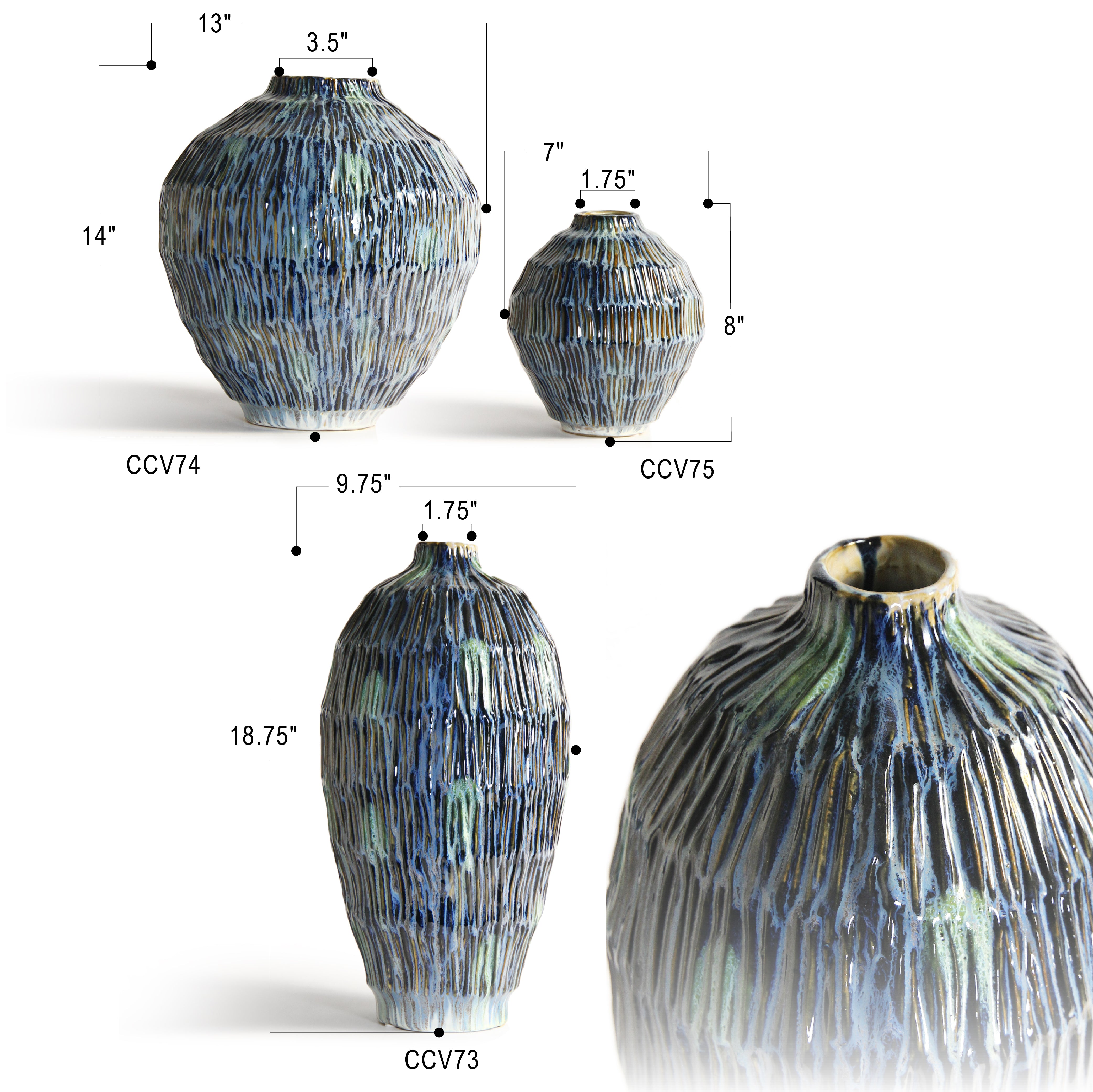 Galore Home Obsidian Glade Vaso Ceramica Blu CCV75 20 cm