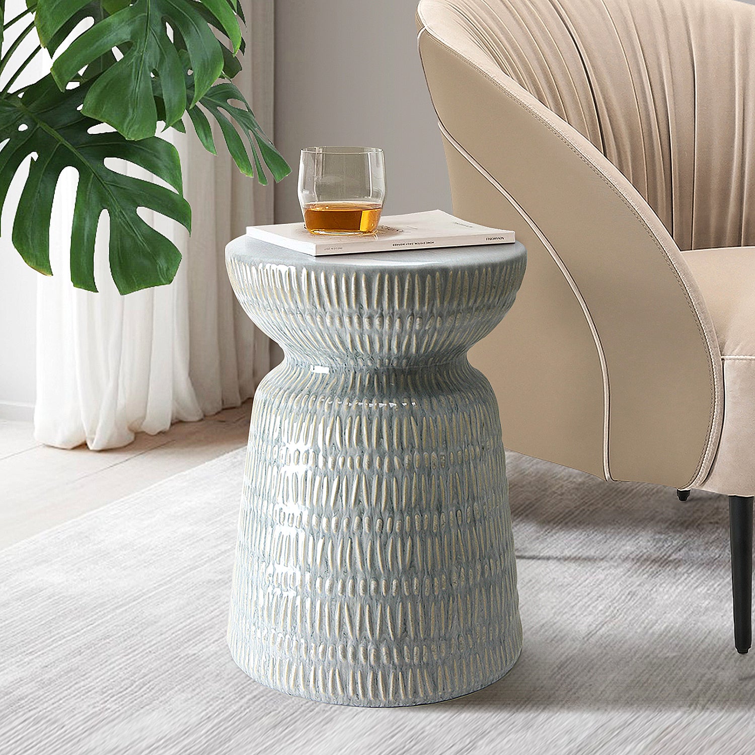 Galore Home Tavolino Laterale Sgabello Ceramica Grigio Blu