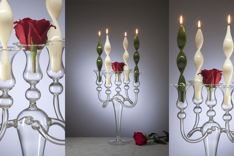 B&C Candelabro 5 Fiamme Abbracciato Vetro Soffiato