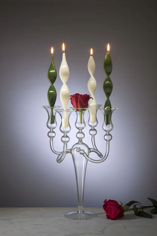 B&C Candelabro 5 Fiamme Abbracciato Vetro Soffiato