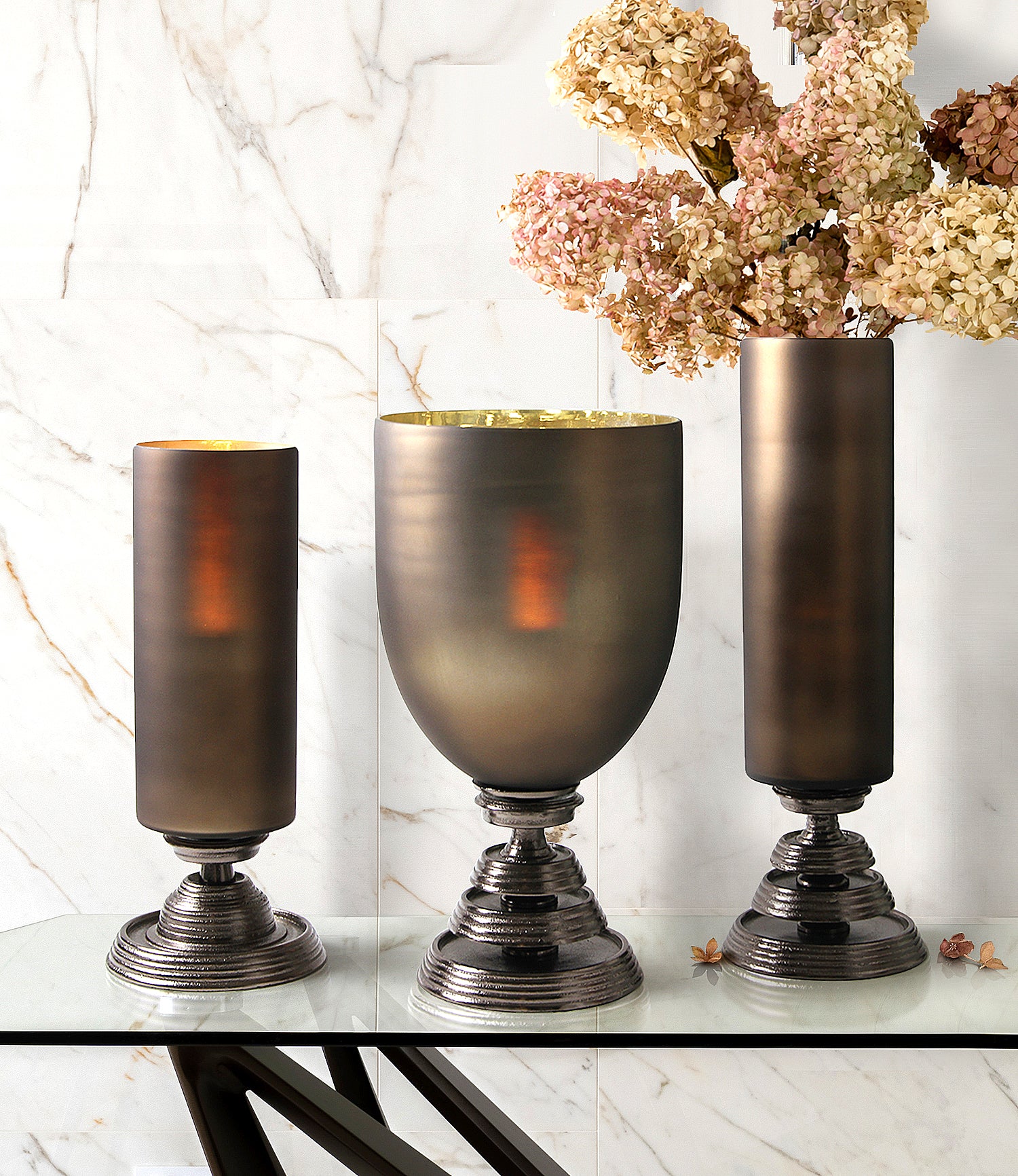 Galore Home Borealis 38-0916 portacandele vetro nickel 42 cm
