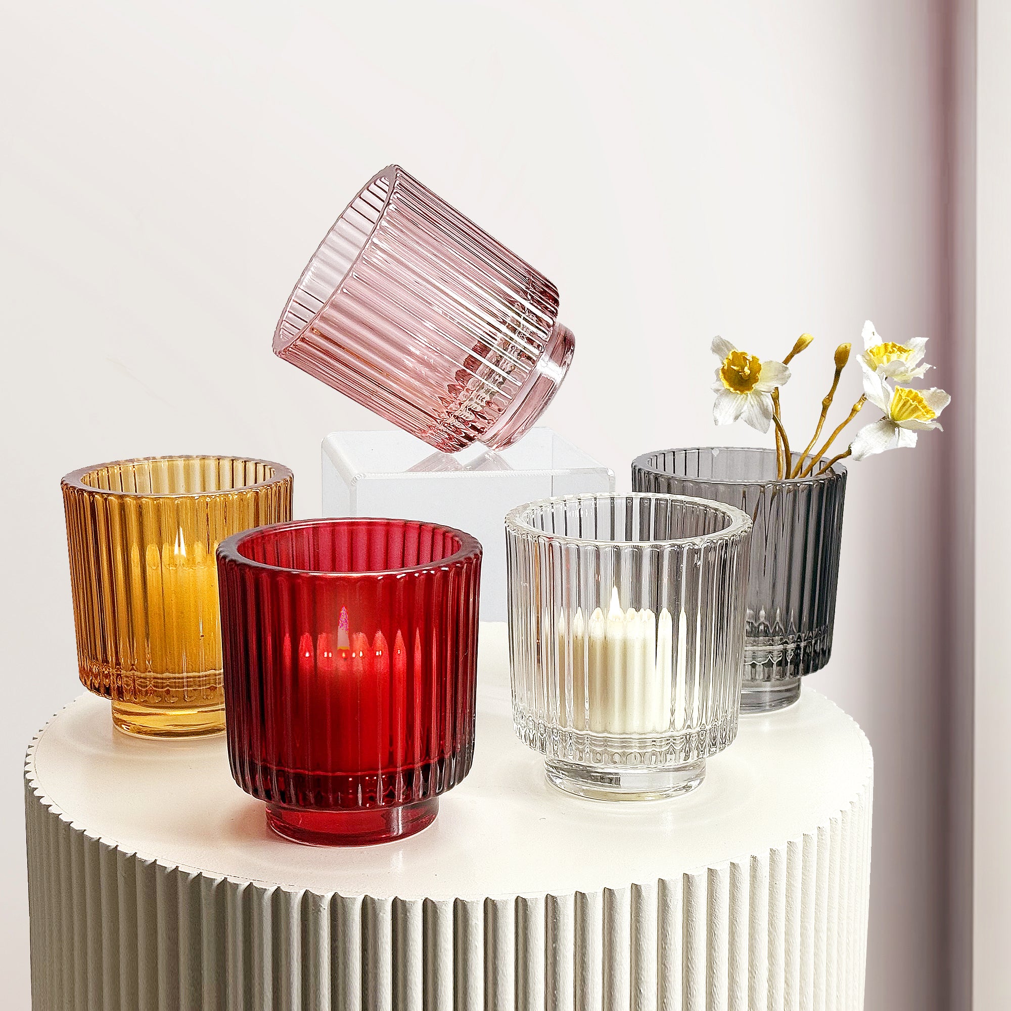 Galore Home Ribbed Portacandele in Vetro Rigato Clear 6 Pezzi