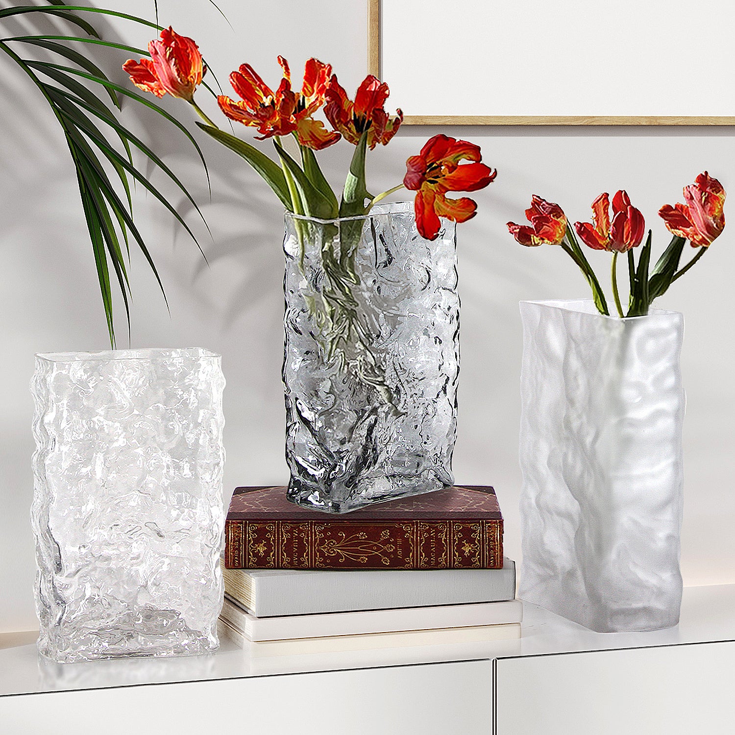Galore Home Glacial Vaso in Vetro Rettangolare Clear Testurizzato